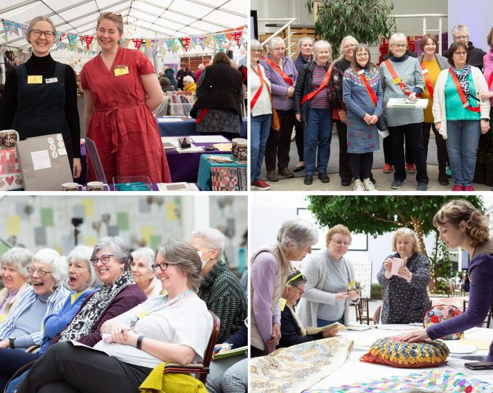 Four images are collaged depicting people enjoying themselves at The Quilters' Guild Conference & AGM.