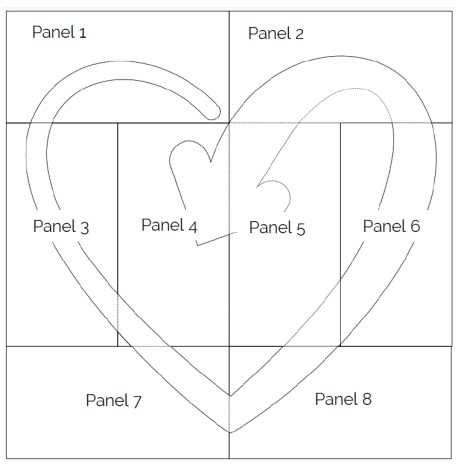 Quilt pattern made up of eight panels with an overlapping heart logo encompassing all of them.