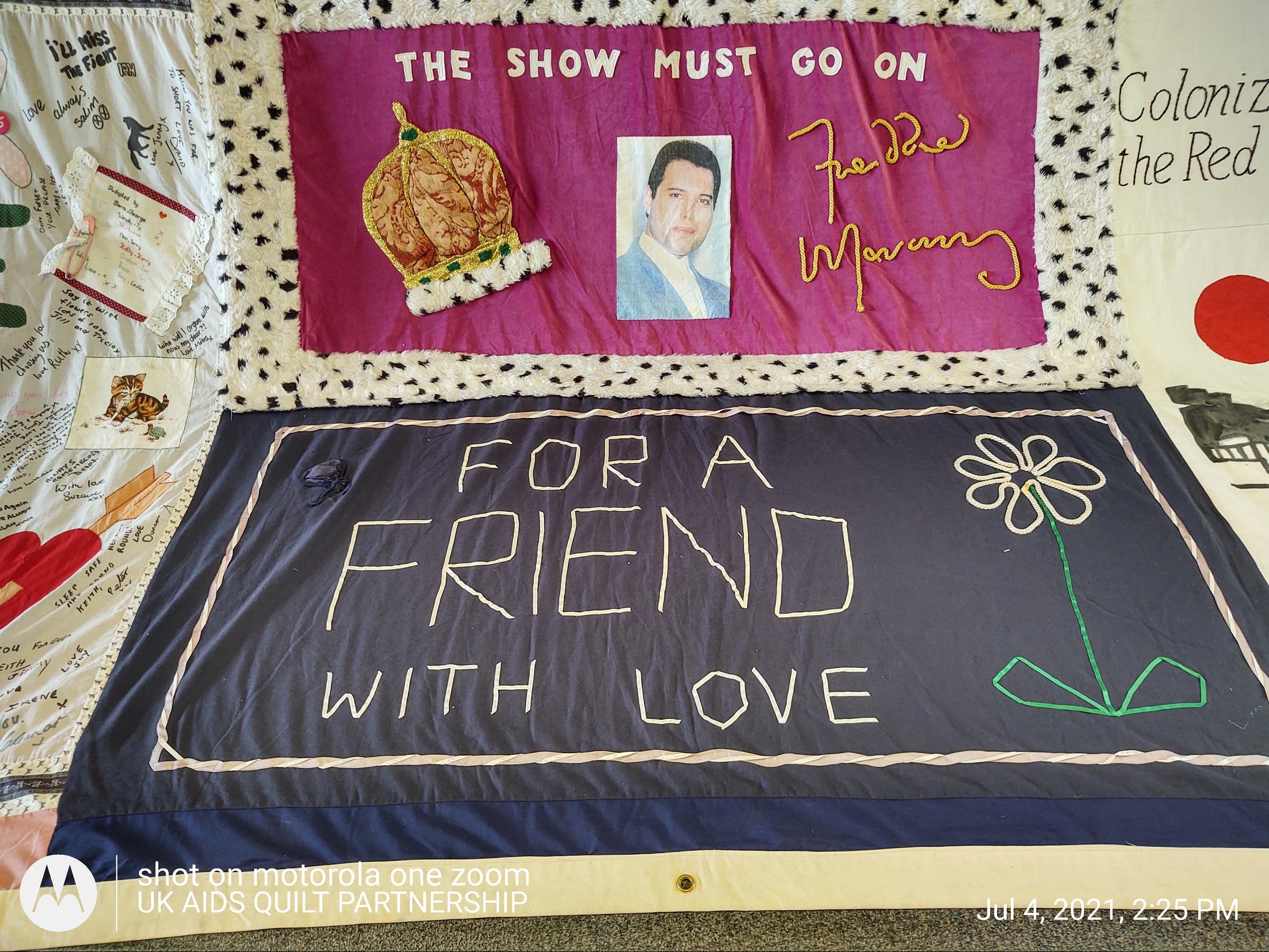 Pictured are six panels making up one of the UK AIDS Memorial Quilt. Named is Freddie Mercury and the other panels are anonymous. 