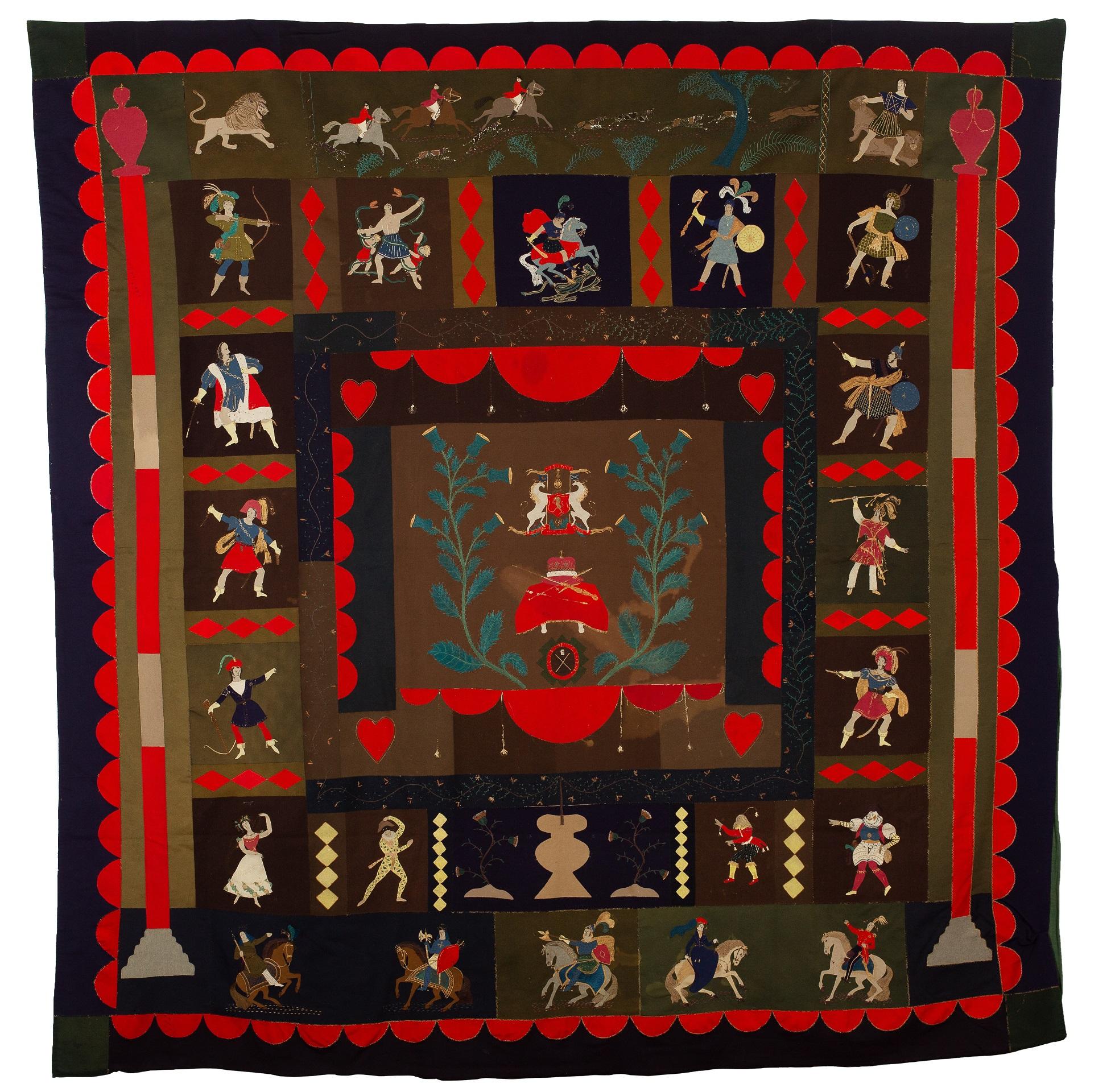 Image shows a mid-19th century wool inlaid coverlet with a Scottish and theatrical origin, in dark shades and turkey red.