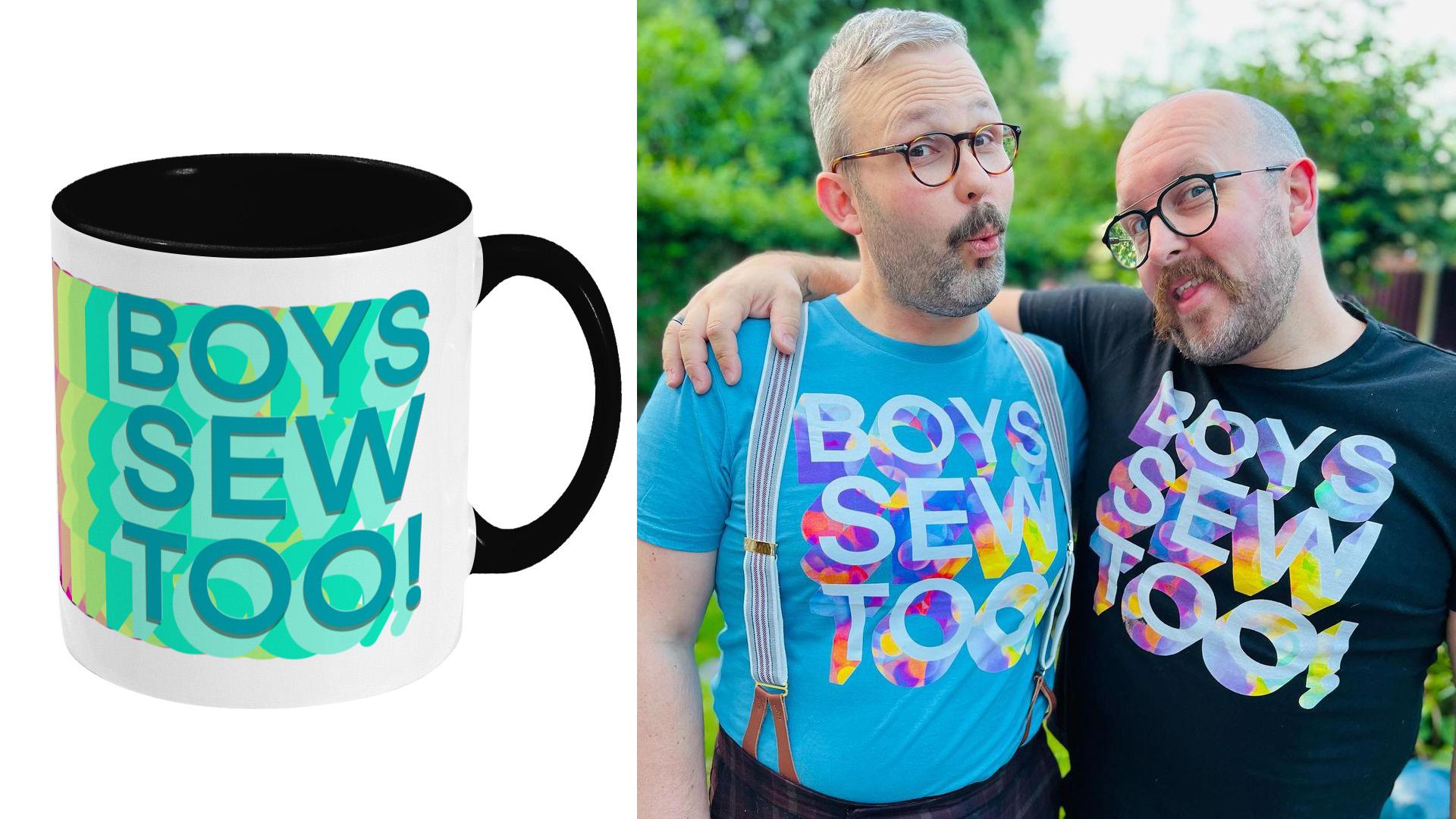 Image shows a mug with the Boys Sew Too logo, and two white men with beards and glasses wearing Boys Sew Too tshirts.
