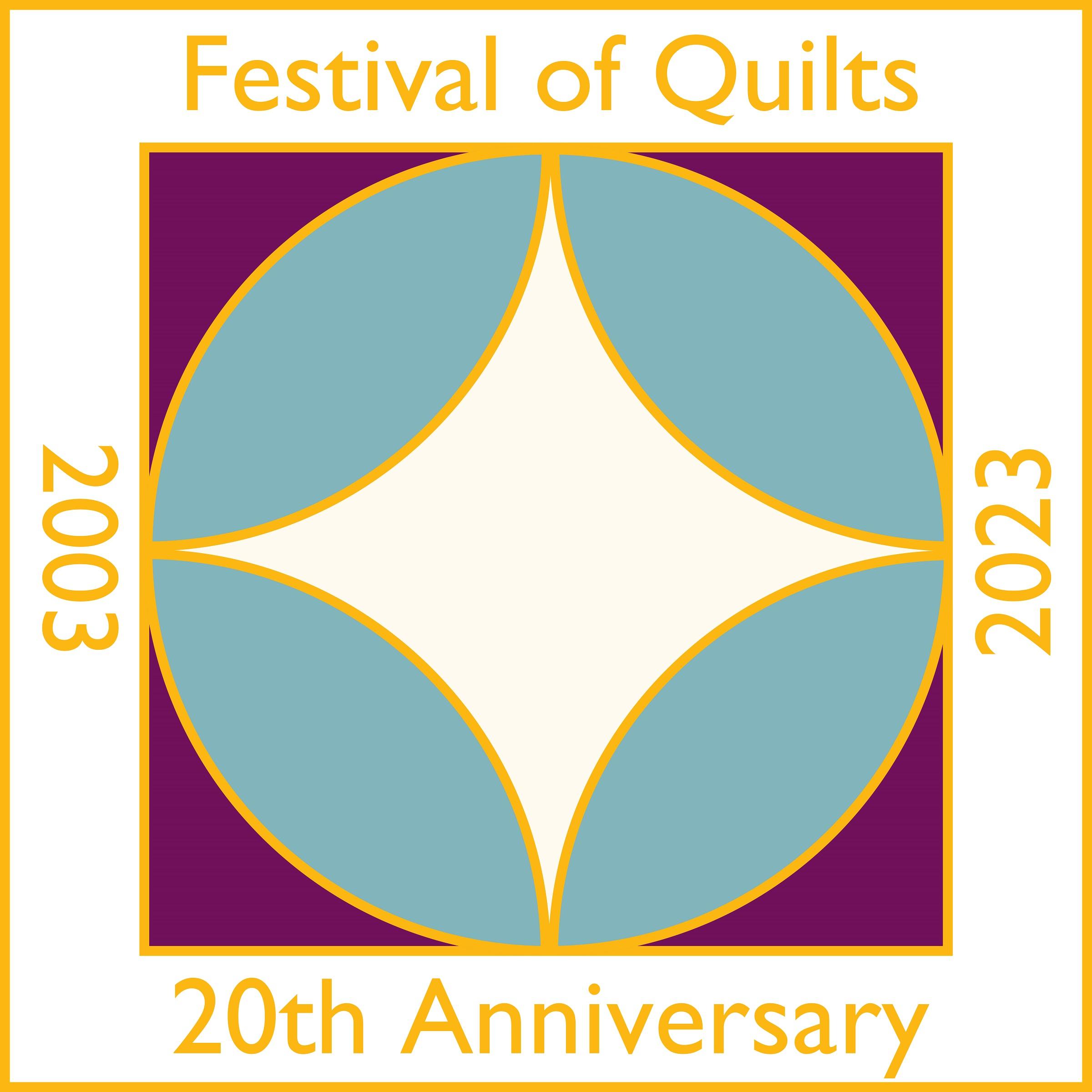 A badge design is based on a cathedral windows quilt block in blue, white and purple, with the words "The Festival of Quilts 20th Anniversary, 2003 - 2023".