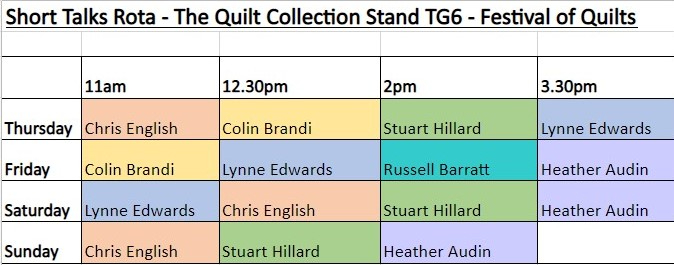 Image shows the timetable of talks on The Collection stand at the Festival of Quilts.