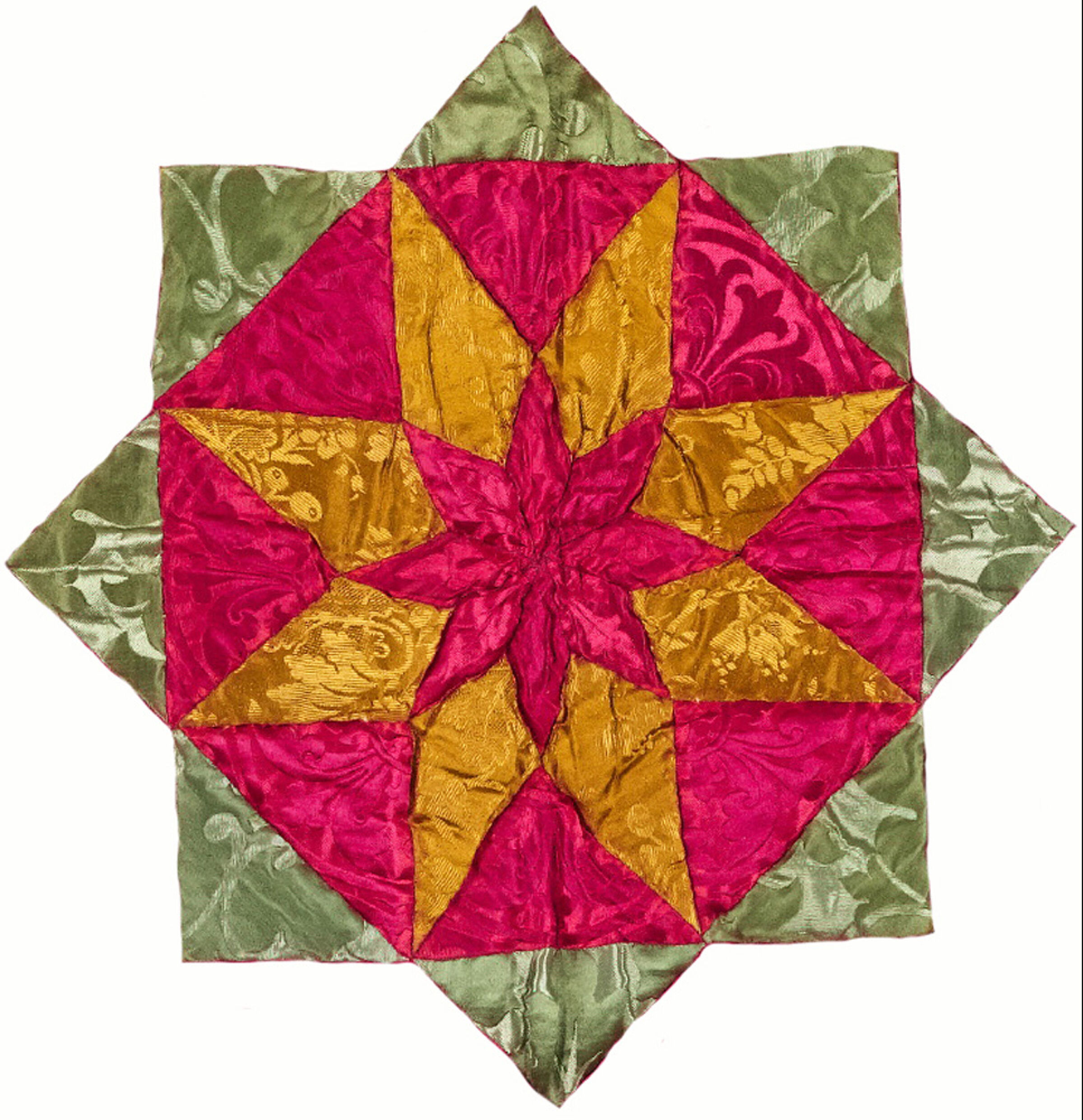 Close-up of colourful patchwork quilt using furnishing fabrics in the Farne Islands quilt