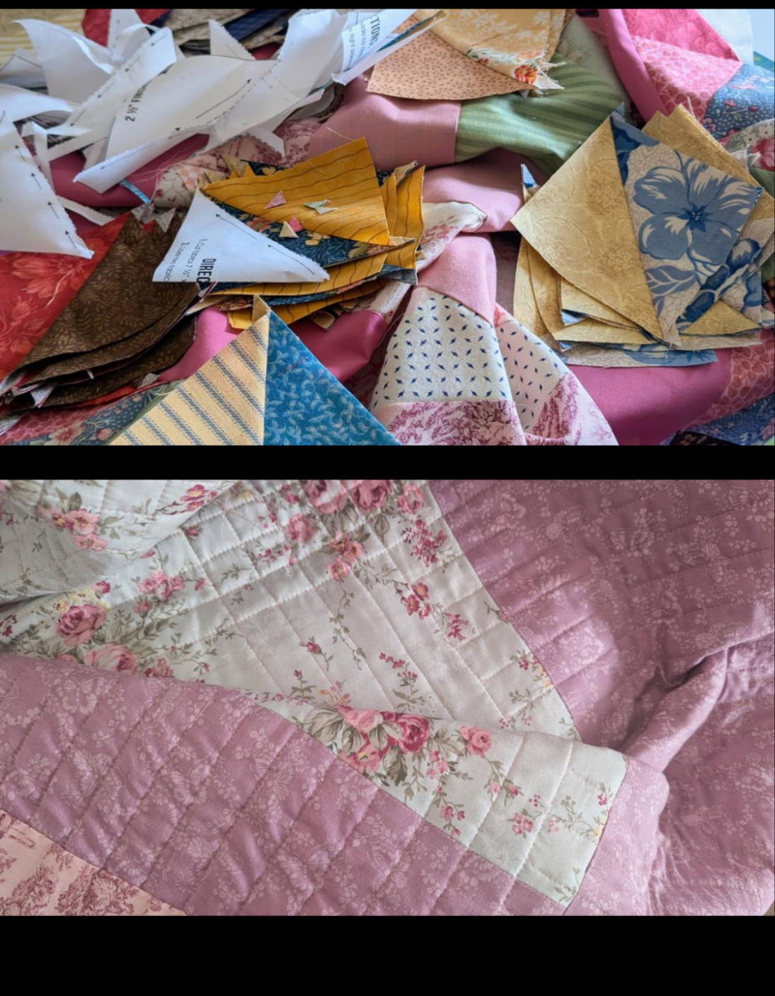 Half square triangle blocks being pieced for a modern Cumbrian quilt pattern 