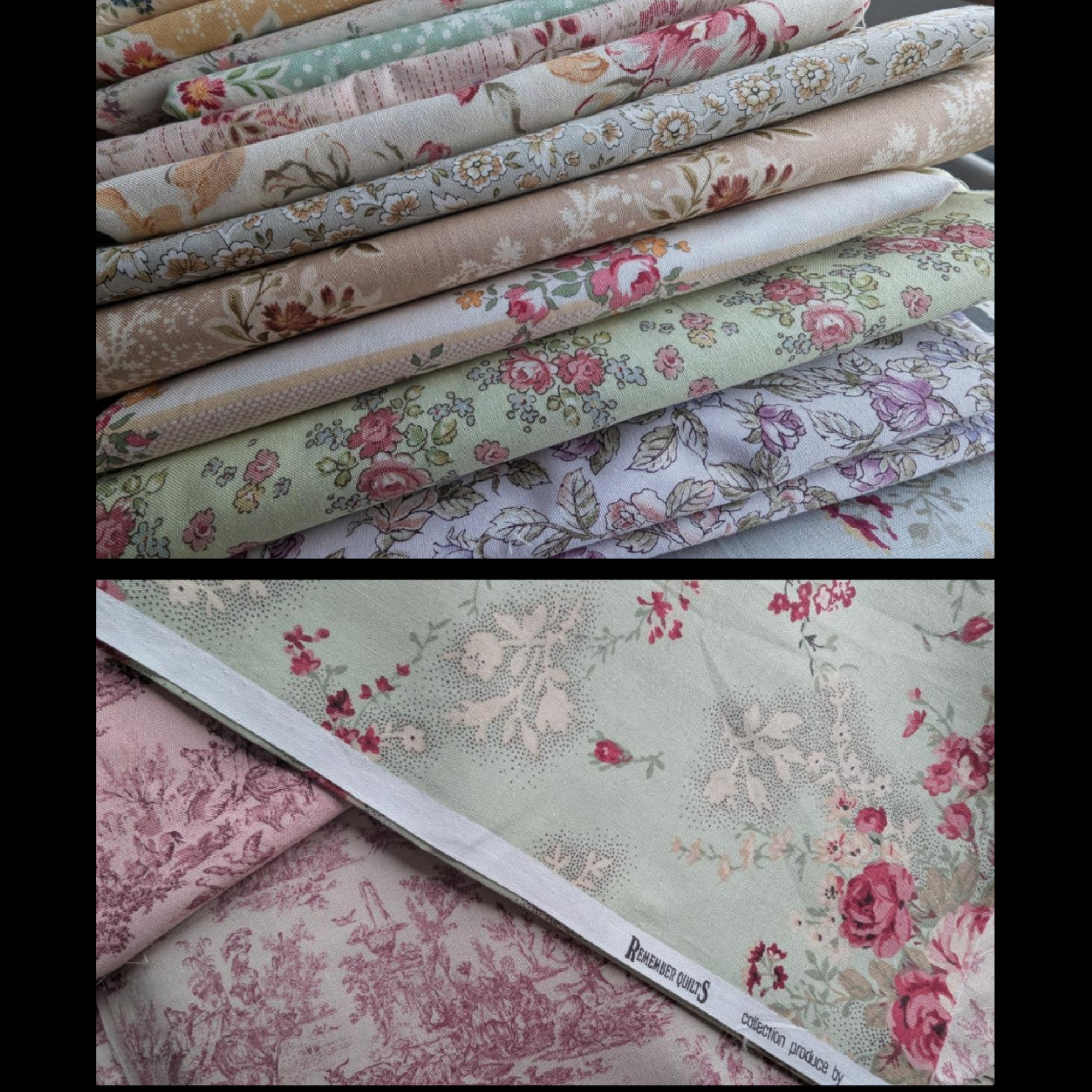 Selection of colourful floral and low volume fabrics used to create a modern Cumbrian quilt