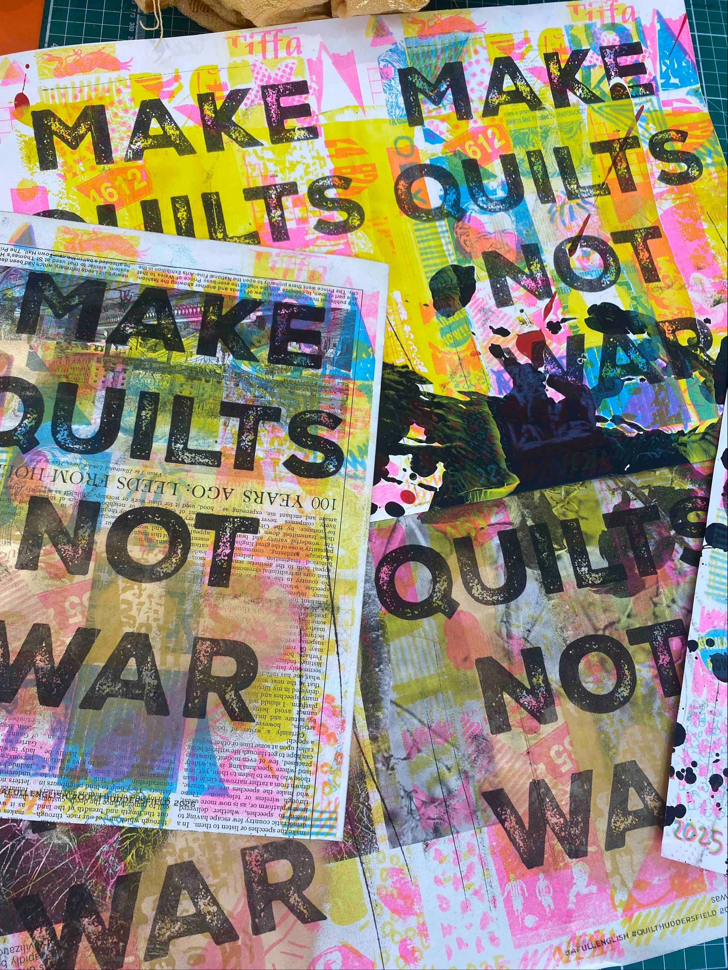 Chris English&rsquo;s &ldquo;Make Quilts Not War risograph posters, created to raise funds and support Quilt Huddersfield