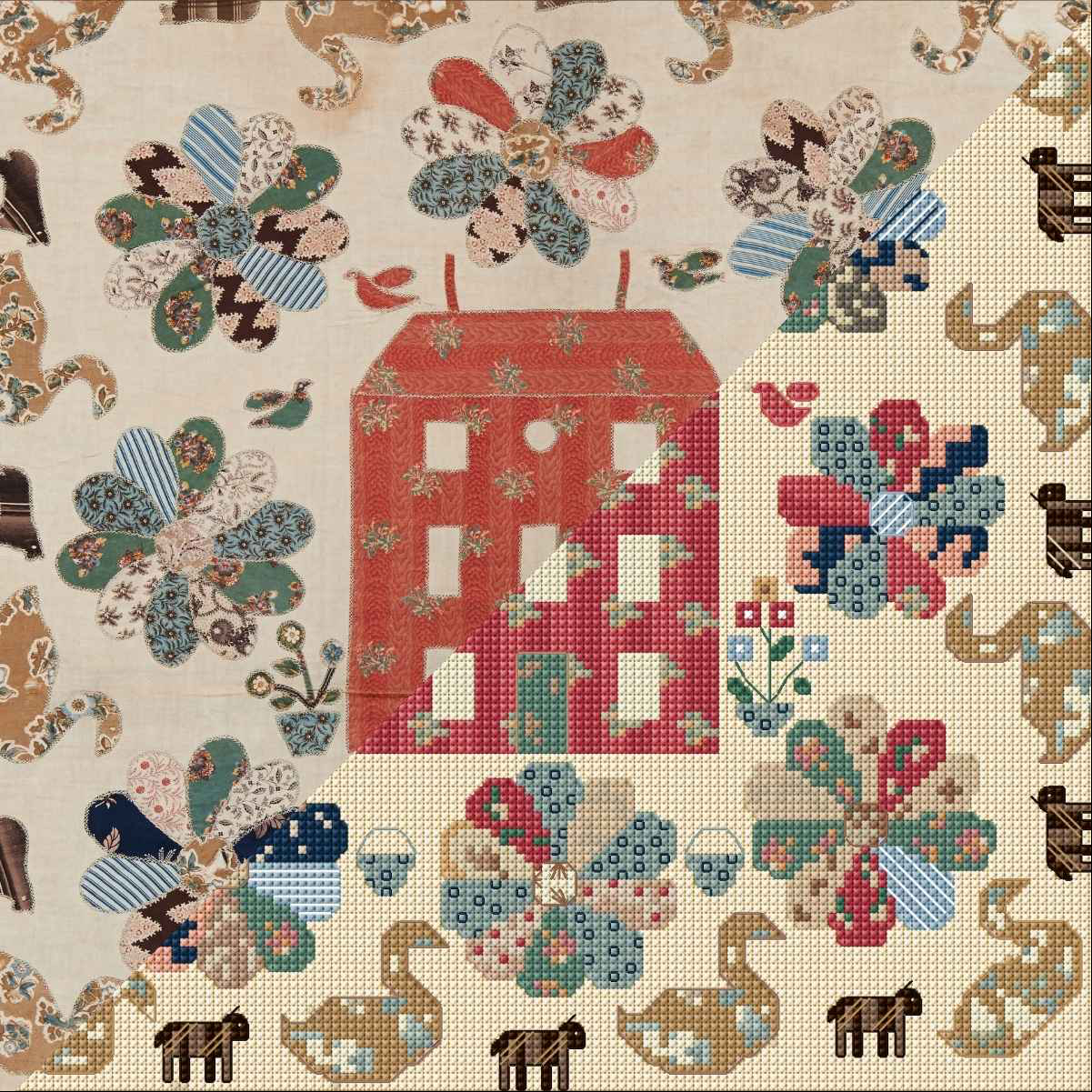 Close up comparison of the original and cross stitch