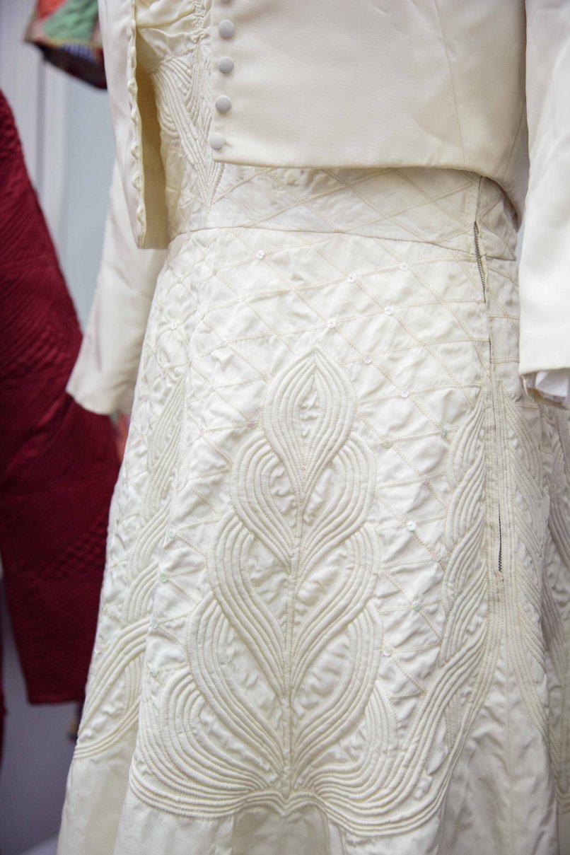 Close up of corded detail on 1950s wedding dress