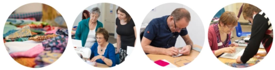 Collage of images showing people quilting