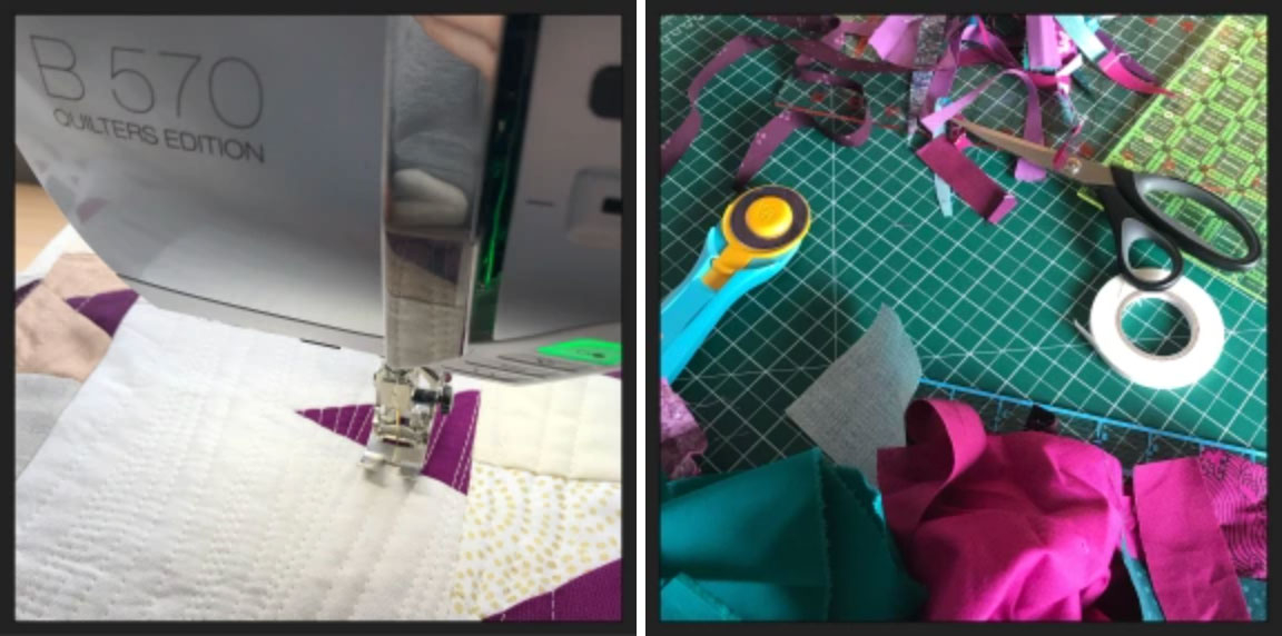 Quilting equipment - sewing machine, scissors, rotary cutter and fabric scraps