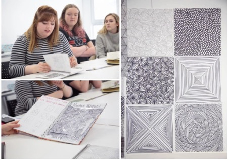 Students looking at black and white sketches of patterns