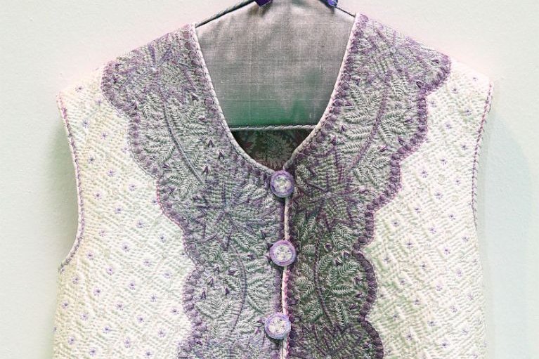 Silvery Threads by Jacquie Harvey: beige, silver and purple 18th century style quilted waistcoat