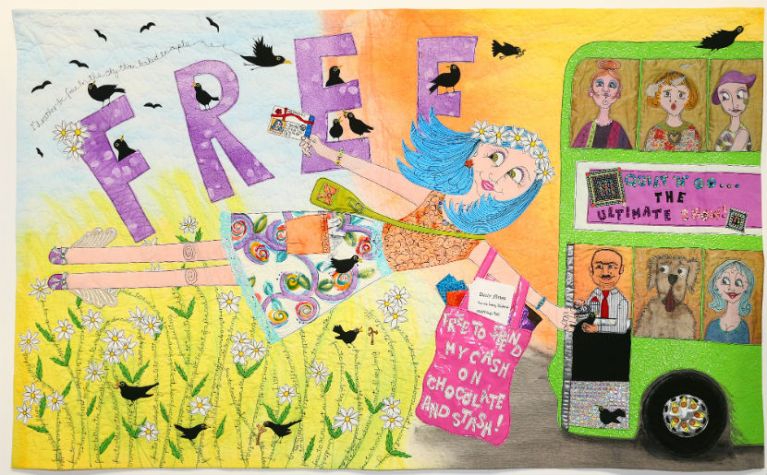 Free to Just Be Me by Moira Neal: Quilt depicting woman with blue hair chasing a bus