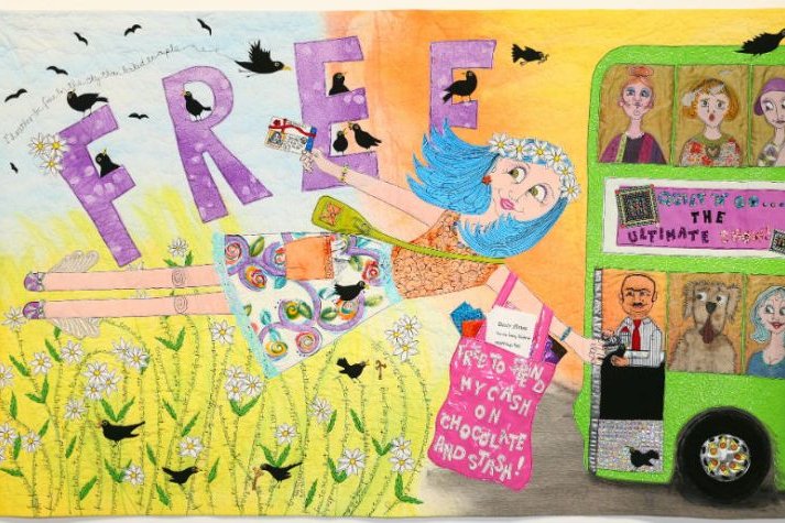 Free to Just Be Me by Moira Neal: Quilt depicting woman with blue hair chasing a bus