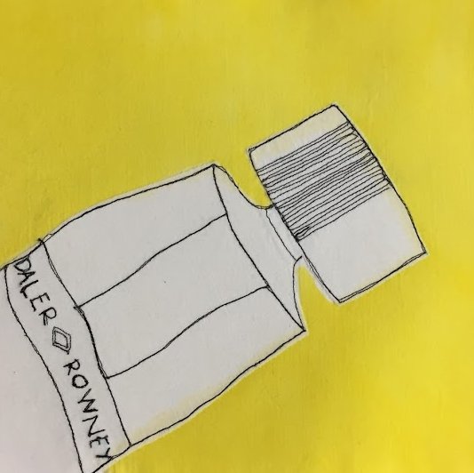 White embroided Daler and Rowney paint tube with yellow background