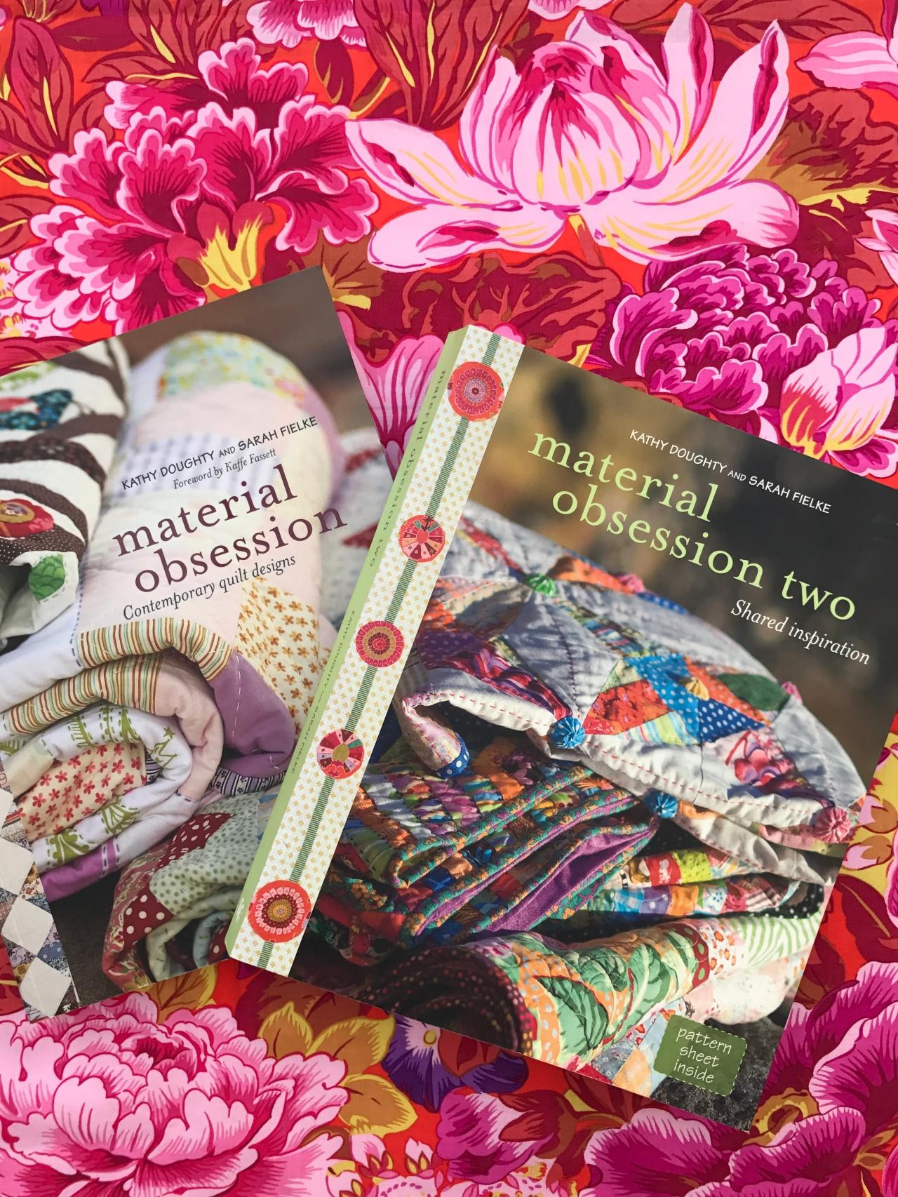 Two books - Material Obsession by Kathy Doughty and Sarah Fielke and Material Obsession two by Kathy Doughty and Sarah Fielke - on a floral patterned surface