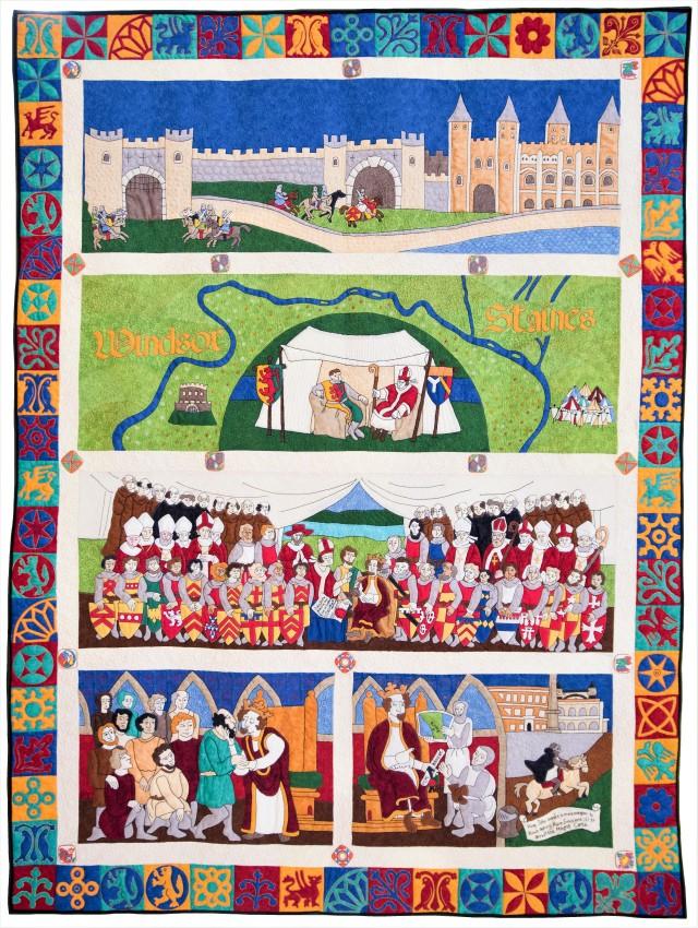 Quilt depicting events leading up to the signing of the Magna Carta