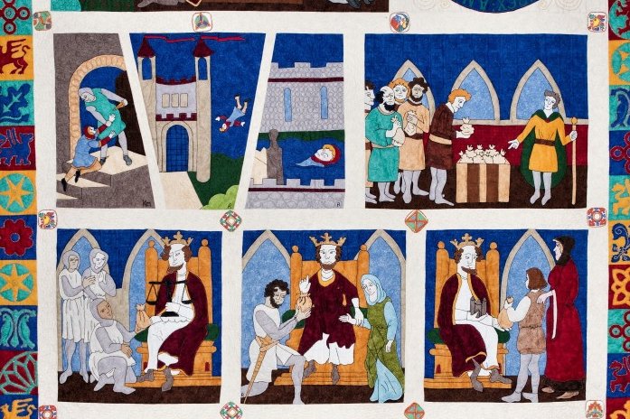 Quilt depicting events leading up to the signing of the Magna Carta