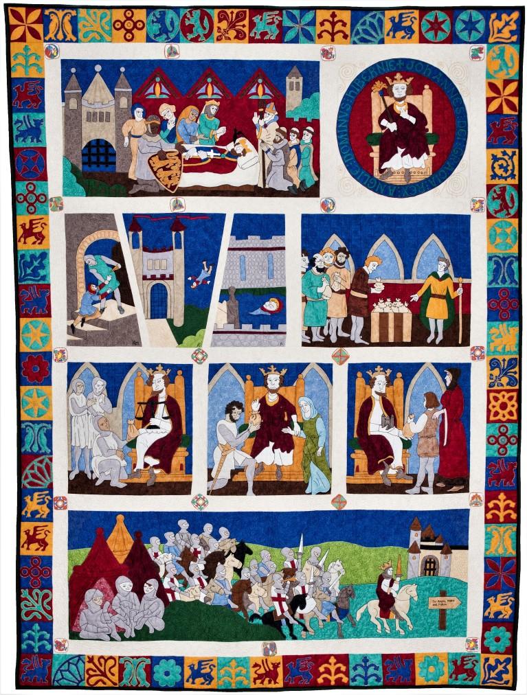 Quilt depicting events leading up to the signing of the Magna Carta