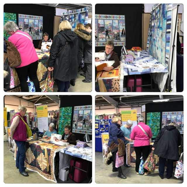 4 square photos showing people visiting a quilting craft stall