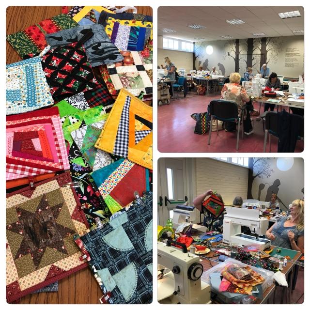 Collage of 3 photos; one showing a pile of square quilt pieces and the other 2 showing ladies sat at tables working on sewing machines