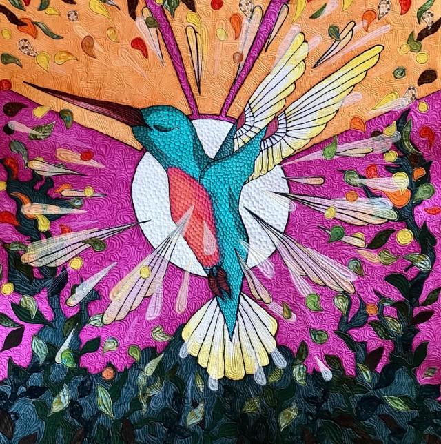 Slo-Mo by Pascale Michalski: A large blue and red bird in the centre, with wings raised. A background made of a pink and orange radial sun shape