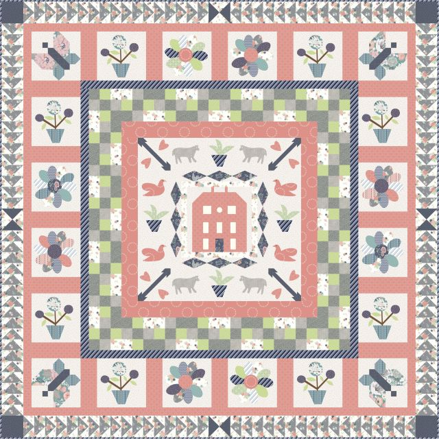 Design for quilt based on Red Manor House Coverlet: red house in the centre surrounded by plants and animals with a border of white squares each with a flower or butterfly in