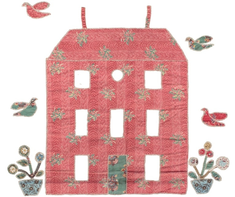 Red house on white background, surrounded by birds.
