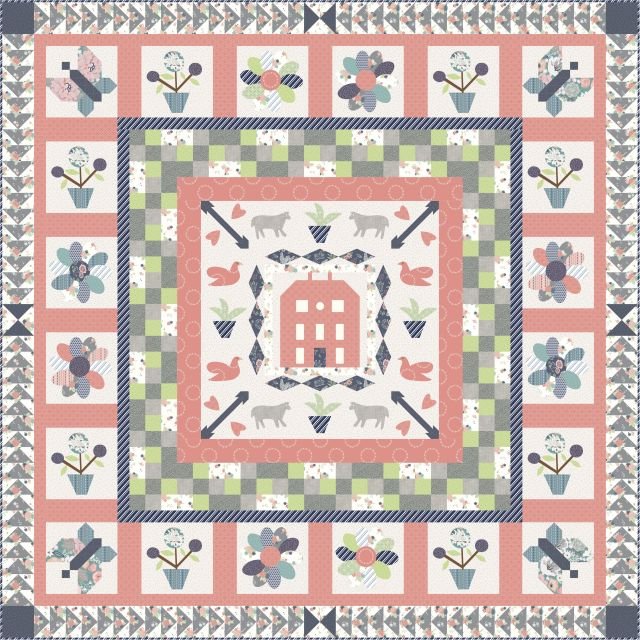 Design for quilt based on Red Manor House Coverlet: red house in the centre surrounded by plants and animals with a border of white squares each with a flower or butterfly in