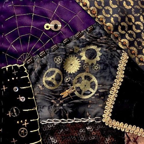 Steampunk Crazy Quilt block: purple, black and gold