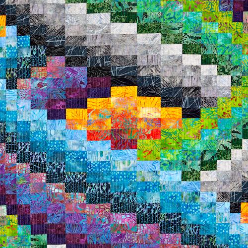 Curved Bargello Landscapes with Jan Hassard. Quilt made of small rectangular rectangles, arranged in diagonal lines of the same colour. In purples, blues, green and orange