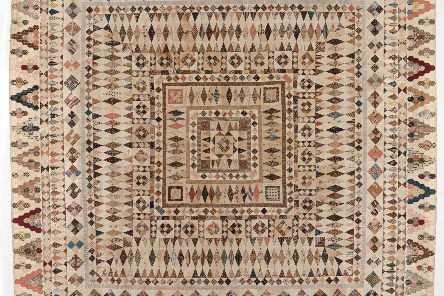 Billings Coverlet: A coverlet with fifteen frames, each containing different sizes and combinations of hexagons, squares, kites and diamonds