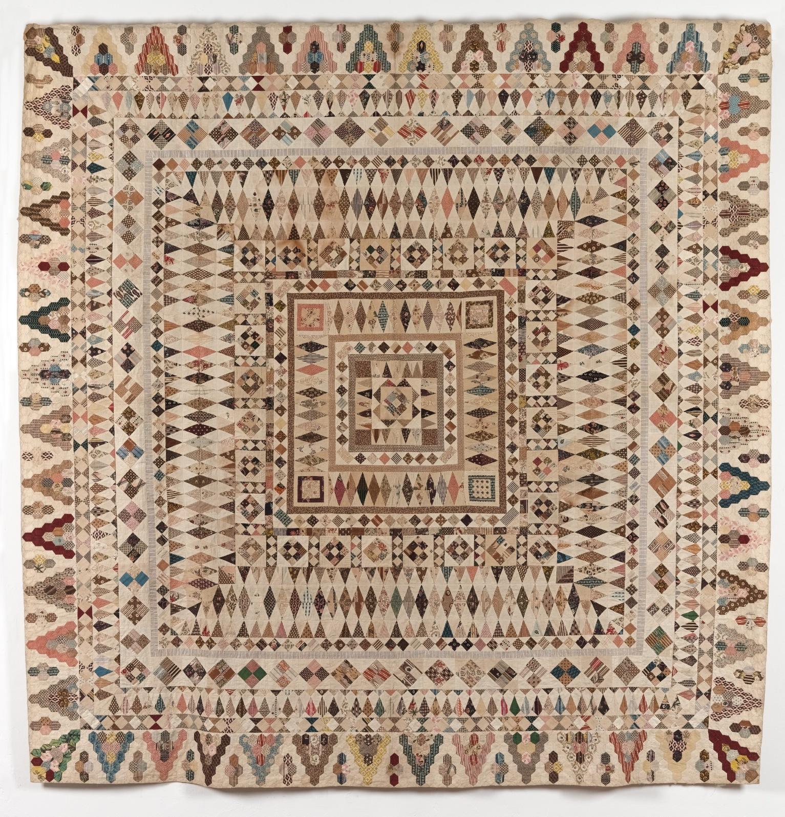 Billings Coverlet: A coverlet with fifteen frames, each containing different sizes and combinations of hexagons, squares, kites and diamonds