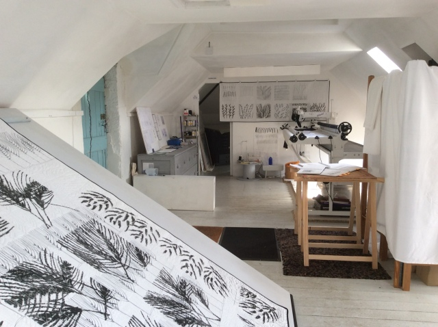 Pauline?s studio in the Granary, 2018, with the Handi Quilter. Work in progress, and on display.