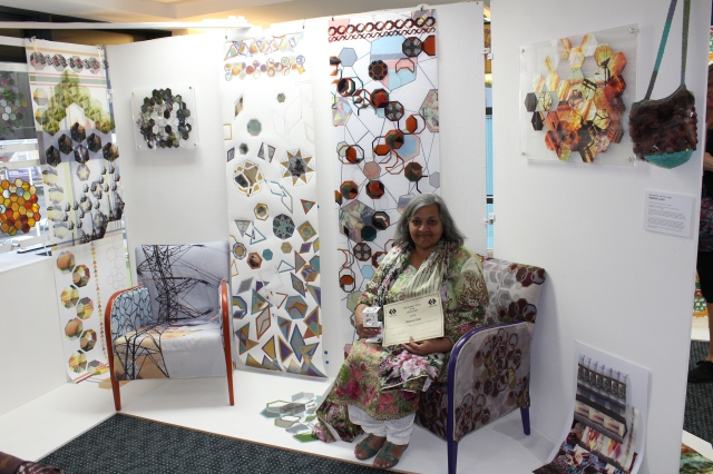 Robina with her Textiles and Surface Design (BA Hons) portfolio exhibition in 2016.