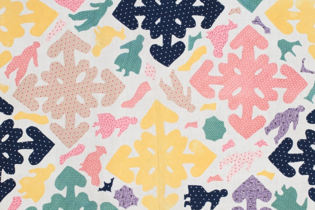 Multi-coloured appliqued shapes on a white background