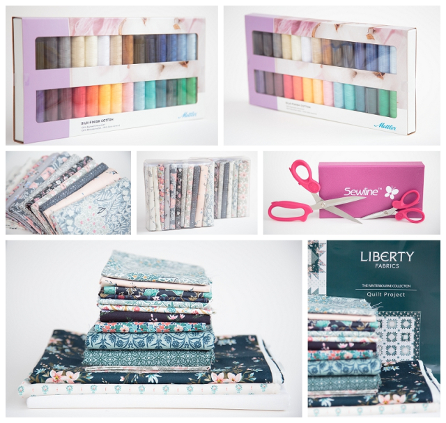A collection of images showing Liberty quilting products: Fabric selections, scissors and thread
