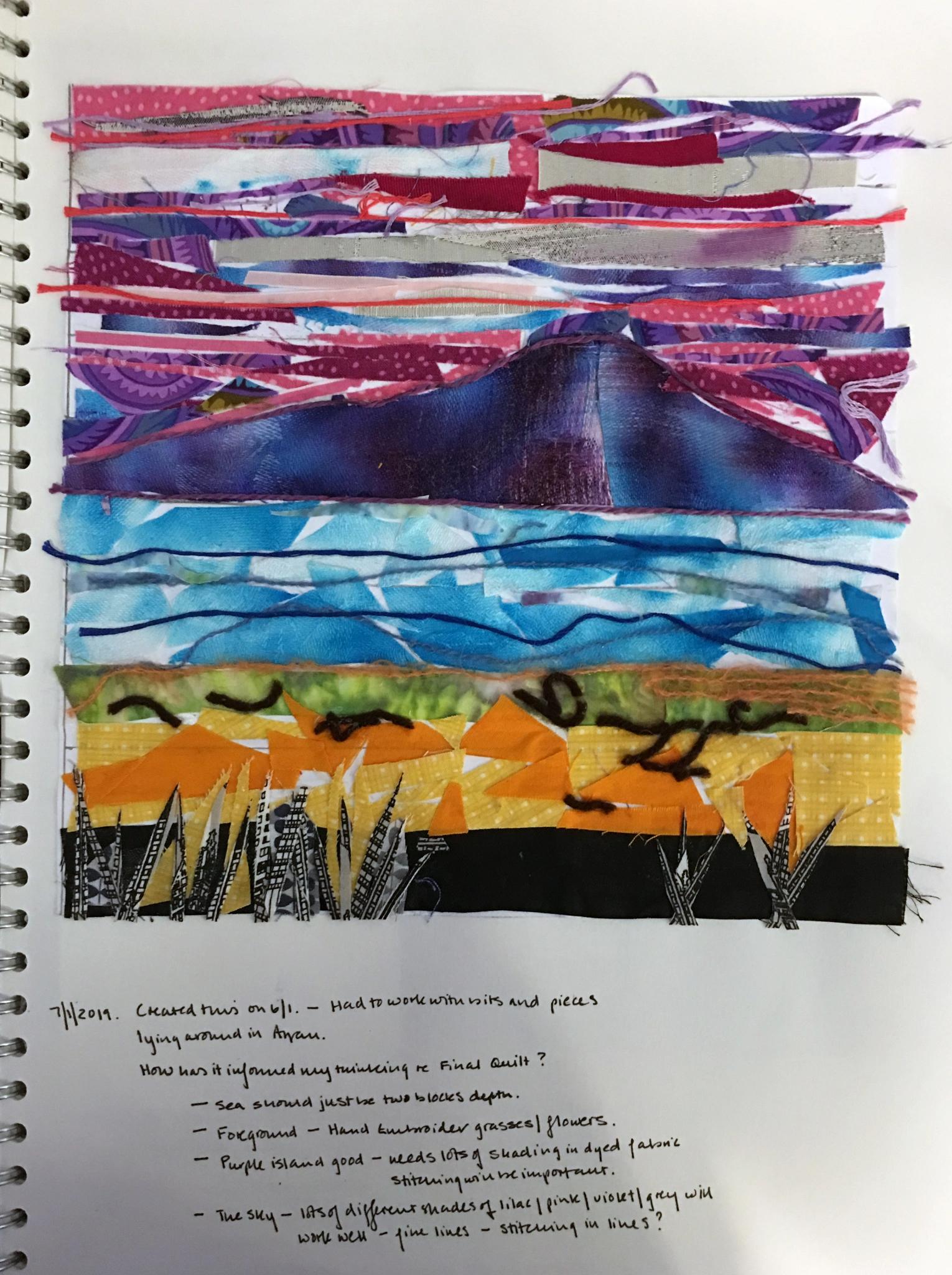 Sketchbook page showing a fabric collage by Anne Hawkins based on a view of the Isle of Arran