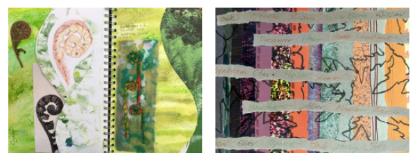 Two images showing detail of sketchbook pages where strips of paper have been used to create ideas
