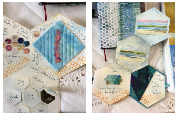 A selection of pages from a hexagonal shaped sketchbook showing design ideas by Lesley Bell