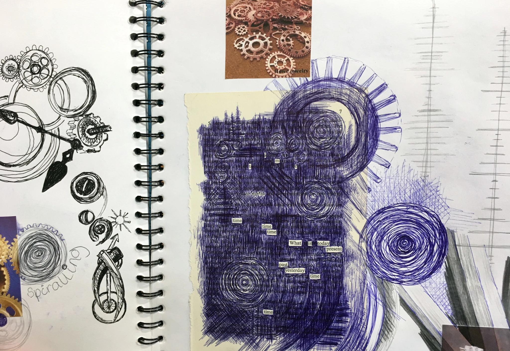 Sketchbook pages by Sam Townsend: It uses collaged photos and a page from a book, and drawn primarily with a ballpoint pen