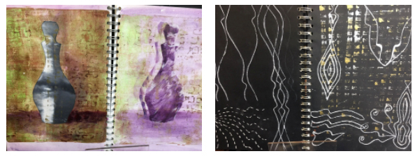 Based on a glass bottle seen at the Kelvingrove Art Gallery and Museum, Glasgow, Julie Pywell?s sketchbook pages on the left show multiple prints on a painted background, with collage and pen added on top.