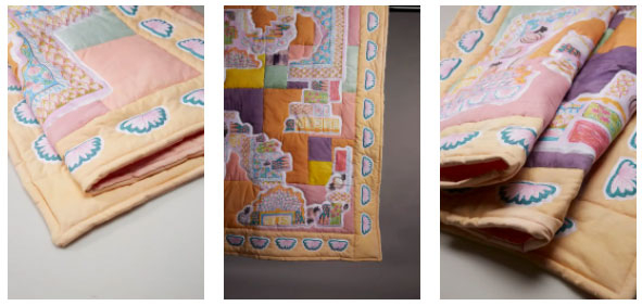 Trio of images showing close ups of small rectangular quilt with orange, yellow, pink and purple squares background and a design inspired by India stitched on top