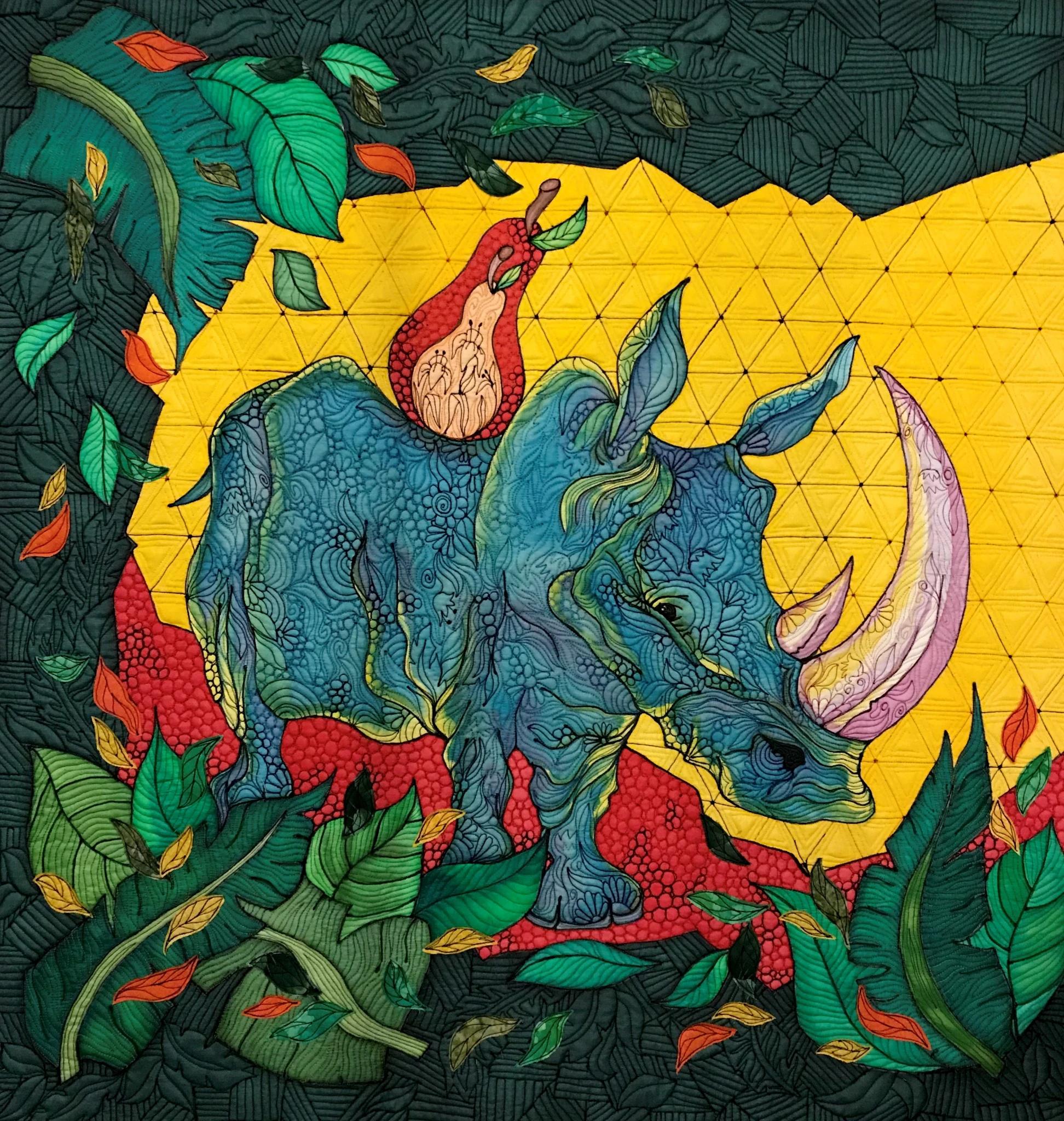 'It is a pear, within a pear, John' by Pascale Michalski: A rhinoceros with a pear on its back under a tree