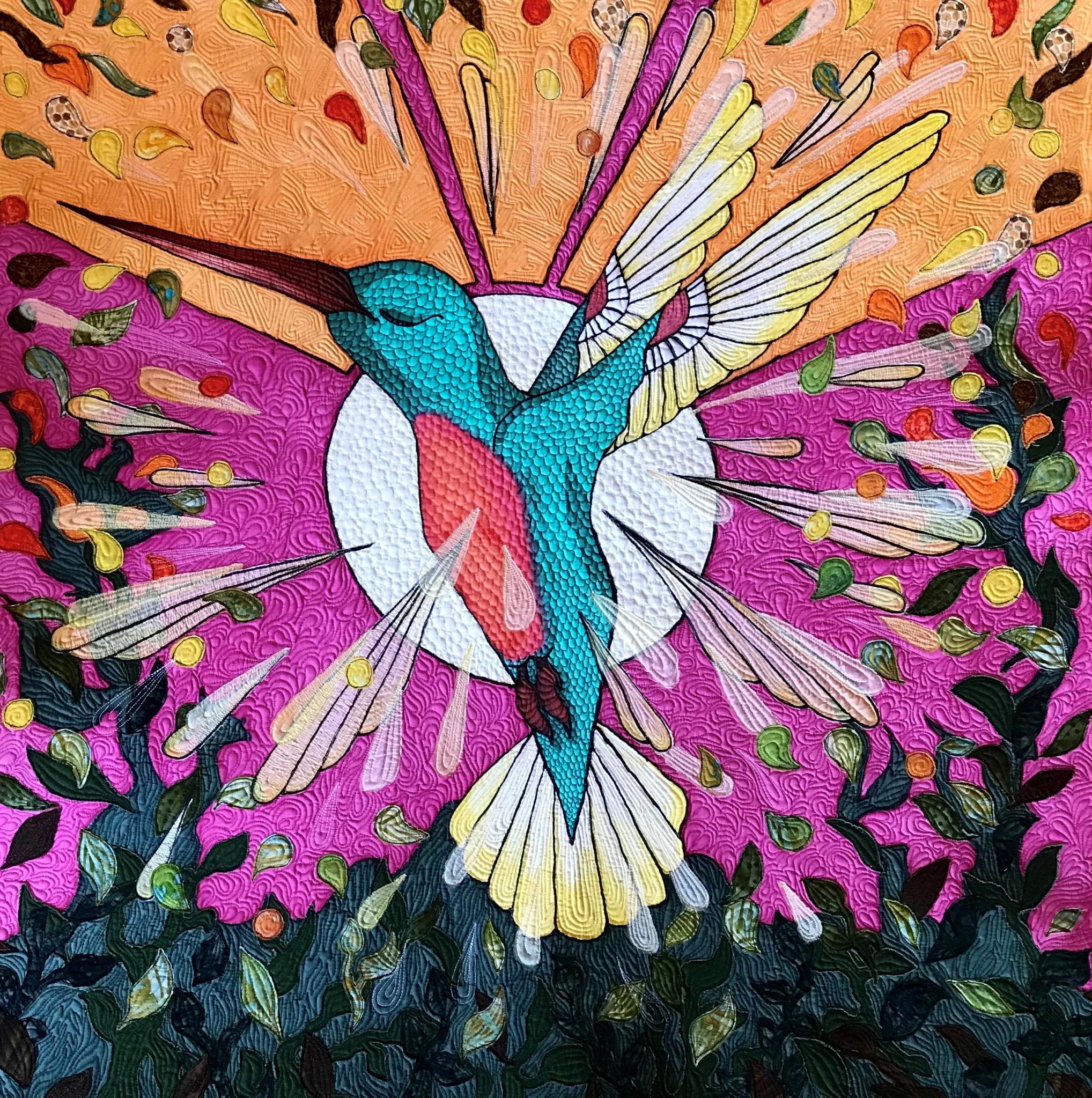 Quilt depicting a blue bird with red belly in flight with a pink background, orange sky and foliage