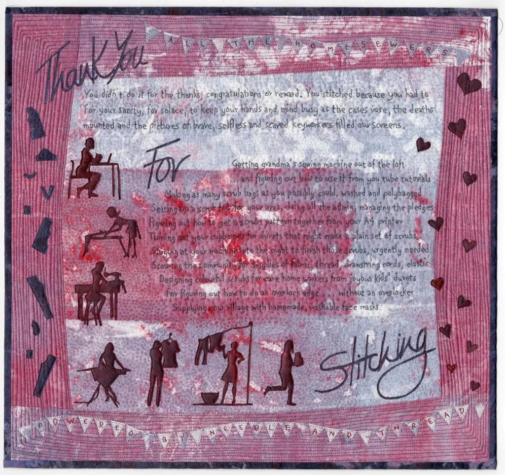 Miniature quilt with wide pink border using text in the background and the words 'Thanks for Stitching' in the foreground