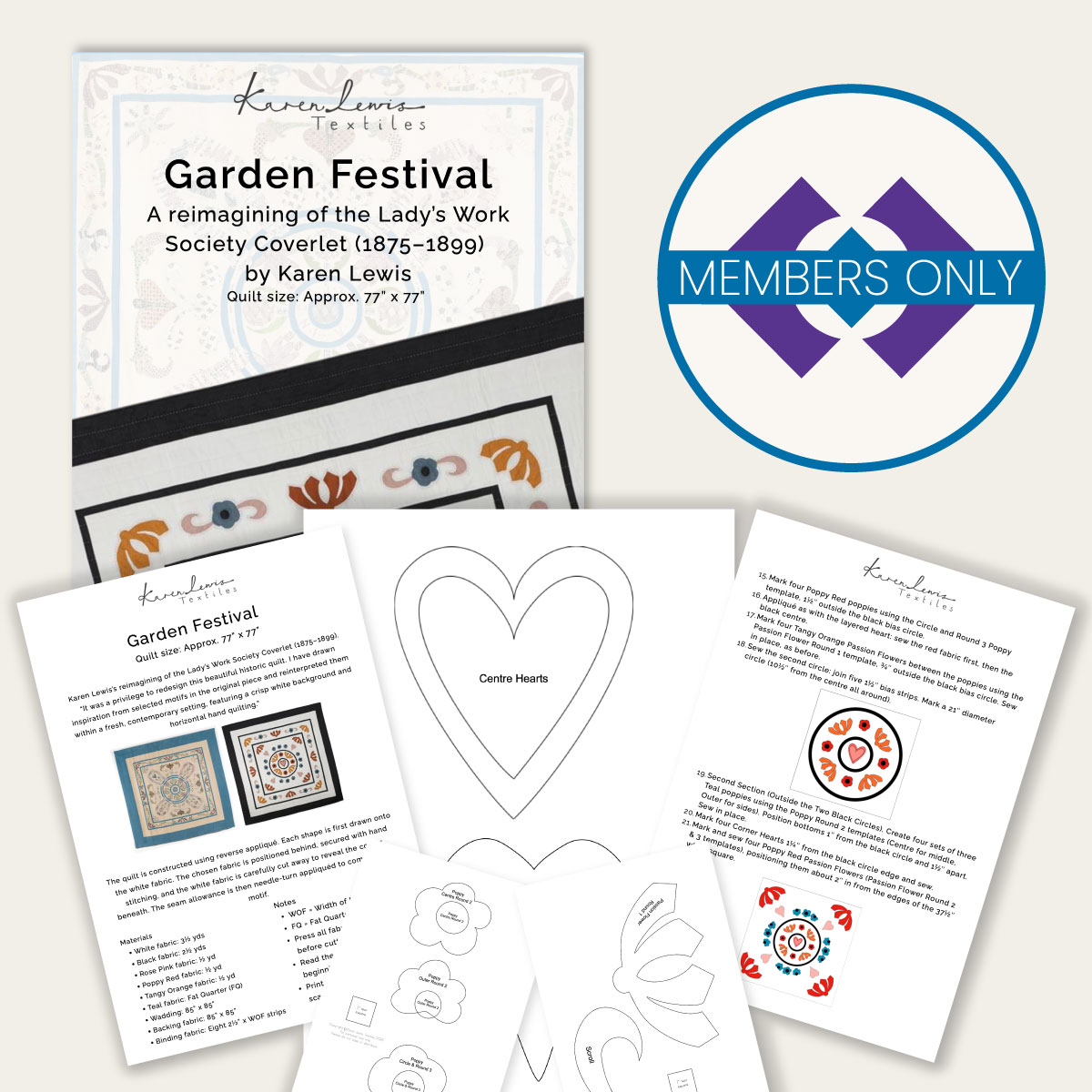 Image depicts the front cover and pages of the Karen Lewis pattern
