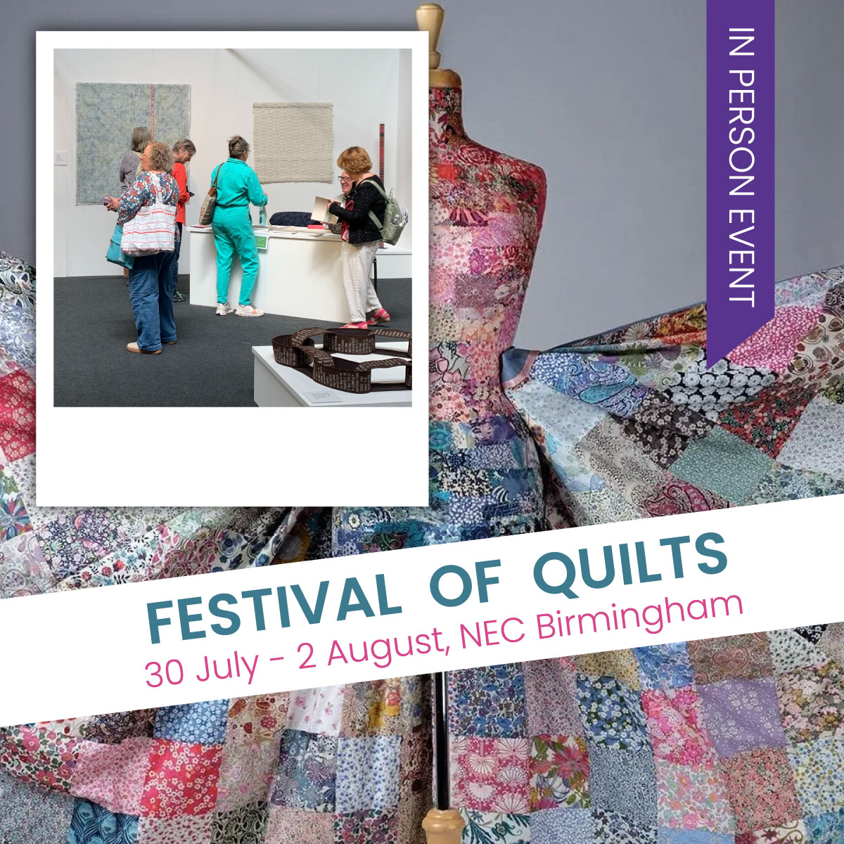 An image of fabric patchwork dress and a gallery at Festival of Quilts 