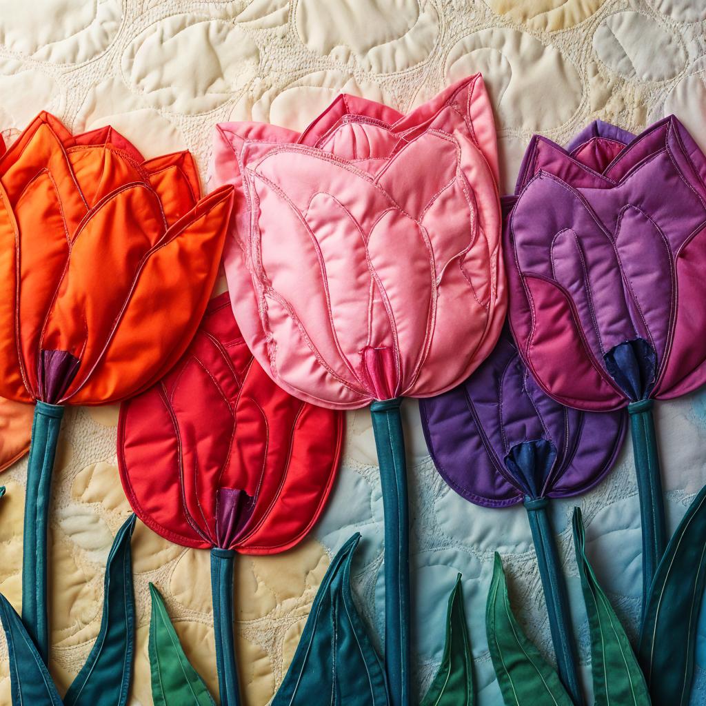 Image is of quilted tulips in orange, pink, purple and red.